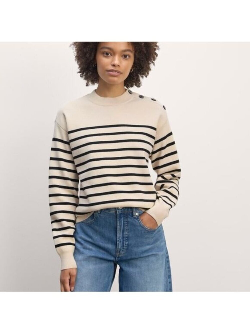 Everlane The Mariner Striped Button Shoulder Sweater Wool Cotton Preppy XS